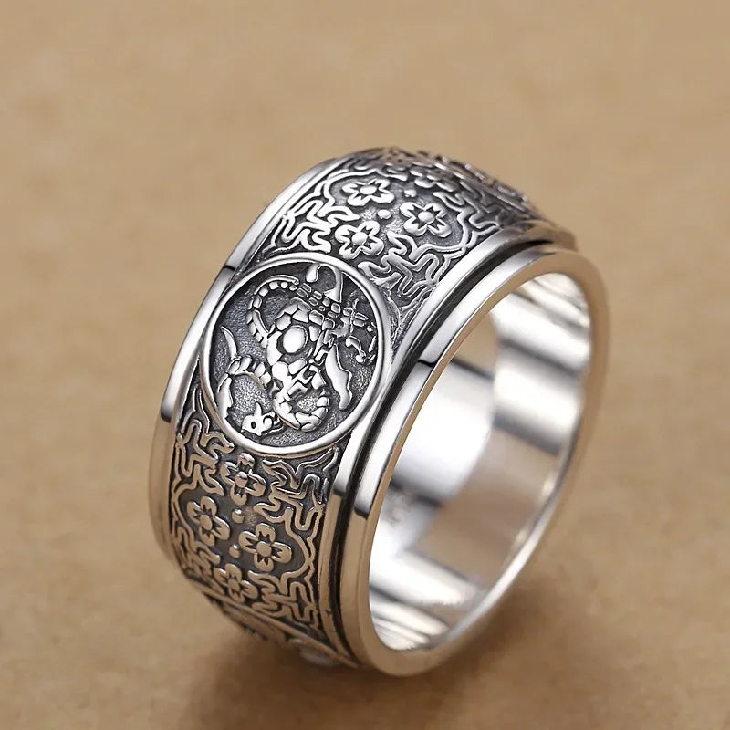 Classic Style Rotatable/Four Great Divine Beast Domineering 925 Silver Mens Rings Vintage Wide Ring Exquisite Charm