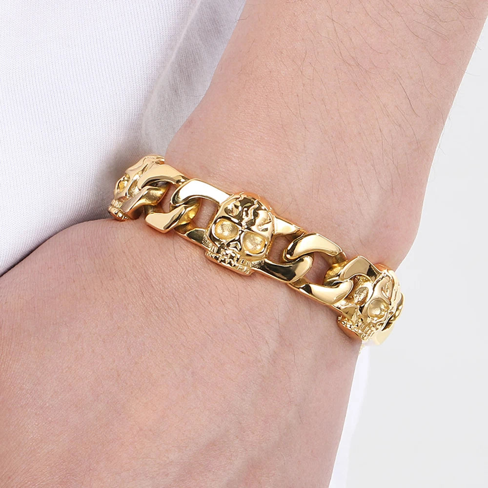 Punk Gothic Men's Bracelets With Skull Head Cuban Link Chain Man Bracelet for Men Stainless Steel Skeleton Jewelry