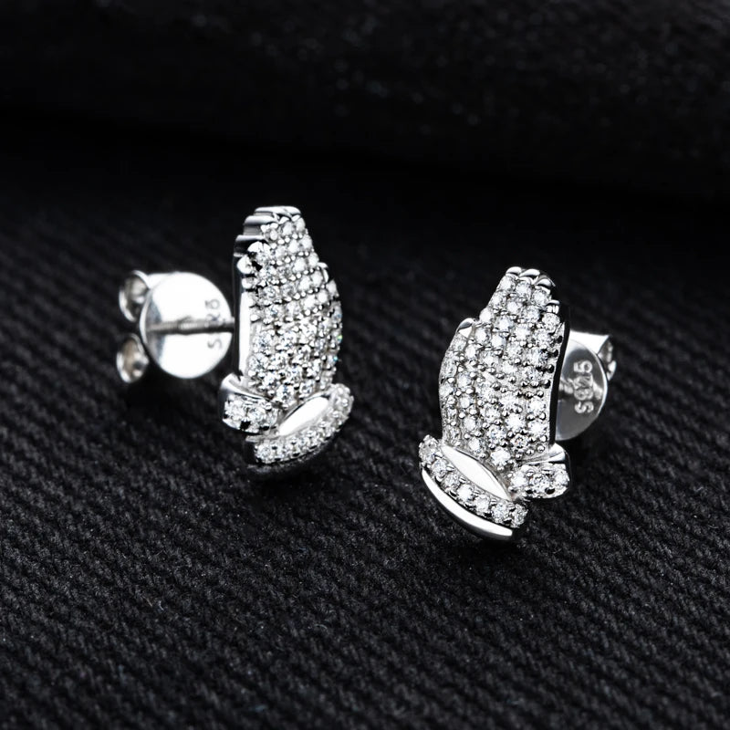 Iced Out Prayer Hand Earrings — 925 Silver