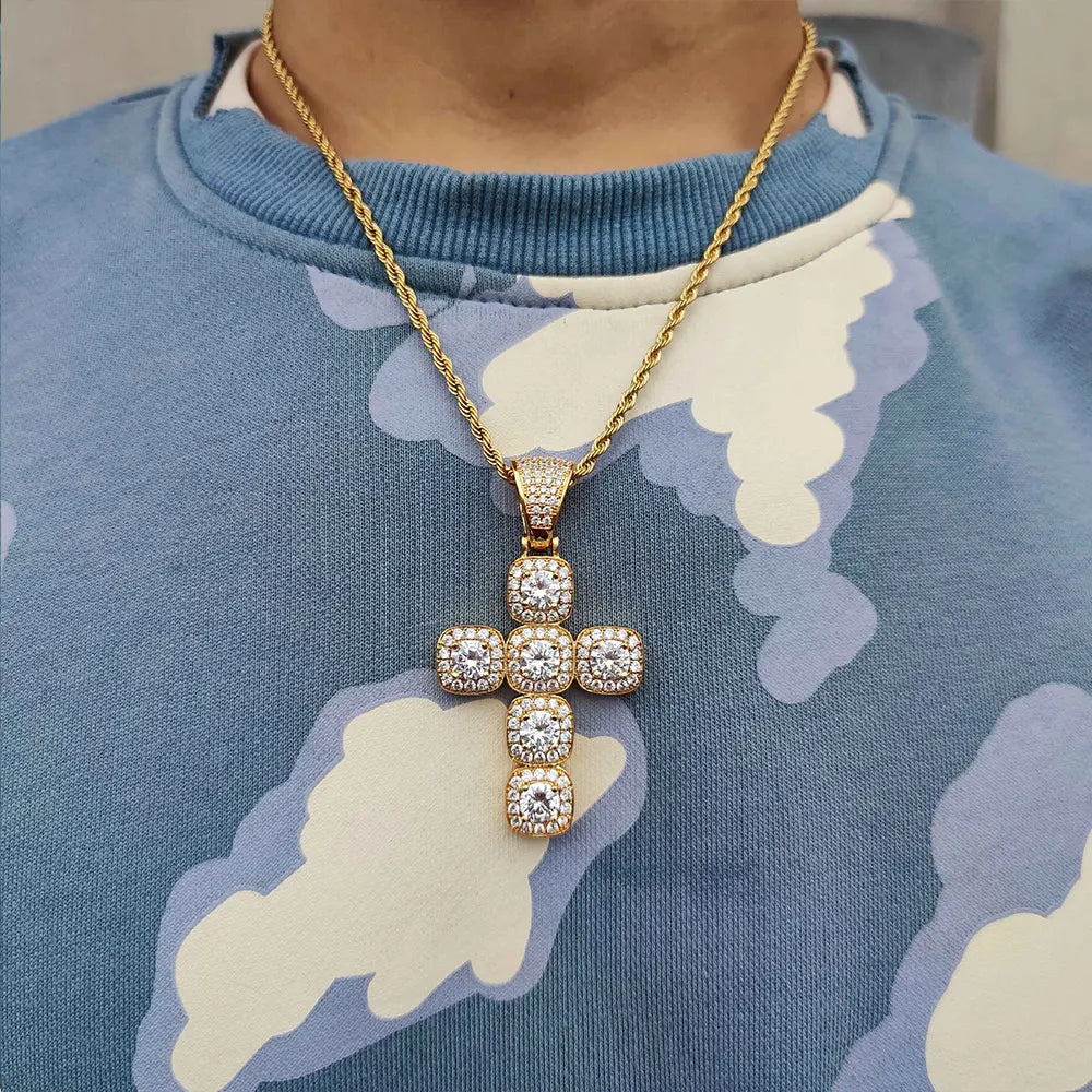 Iced Out Tennis Cross Pendant Necklace