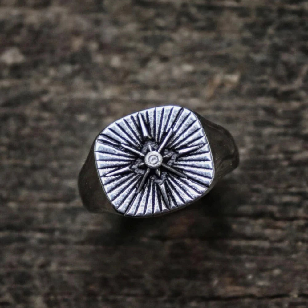 Nautical Biker CZ North Star Compass Signet Ring For Men Hip Hop Punk Cross Stainless Steel Vintage Party Jewelry