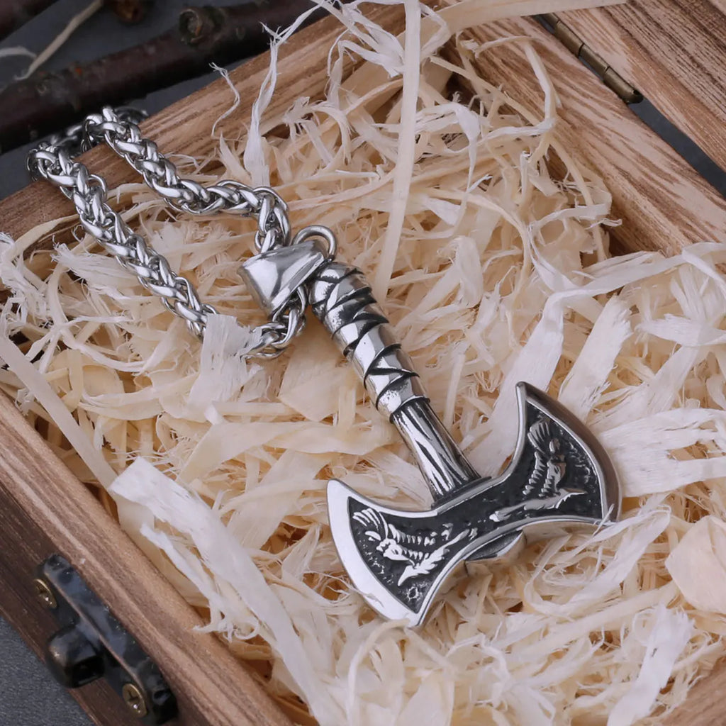 Stainless Steel Viking Warrior Odin Axe and Raven Necklace Men Fashion Hip Hop Amulet Pendant Viking Jewelry Boyfriend