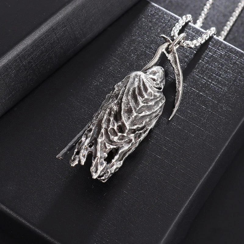 Retro Cloaked Grim Reaper with Sickle Pendant Necklace For Men Hip Hop Punk Silver Color Stainless Steel Neck Chain