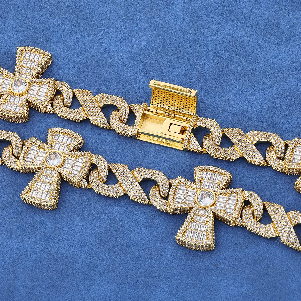 16mm Big Heavy Hip Hop Bling 3A+ Bling Iced Out Infinite Cross Cuban Link Chain Necklaces for Men Rapper Jewelry Gold