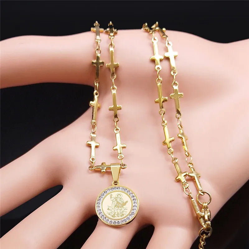Saint Expeditus Archangel Gabriel Stainless Steel Crystal Michael Cross Chain Necklace Holy Sacred Heart of Jesus