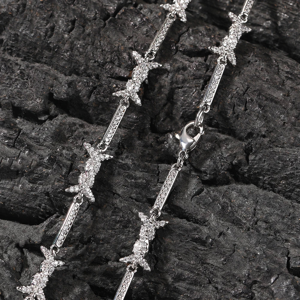 THE BLING KING 3mm Thin Iced Barbed Wire Necklace Micro Paved Cubic Zirconia Punk Twist Spiked Thorns Charm Link Chain Choker