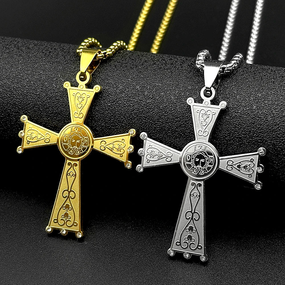Christian Baroque Style Jesus Cross Pendant Necklace for Women Men Stainless Steel Gold Color Rhinestone Holy Pray