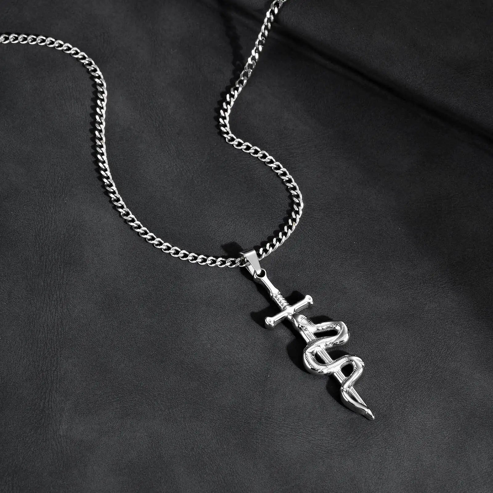 Cross Snake Cuban Chain Pendant Necklace