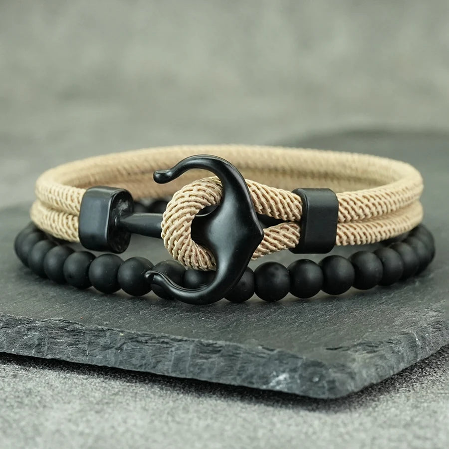 Stylish 2Pcs Men Anchor Bracelet Set Grade A 4mm Cord Sweat Wicking Sports Wrist Accessories Perfect Gift For Him