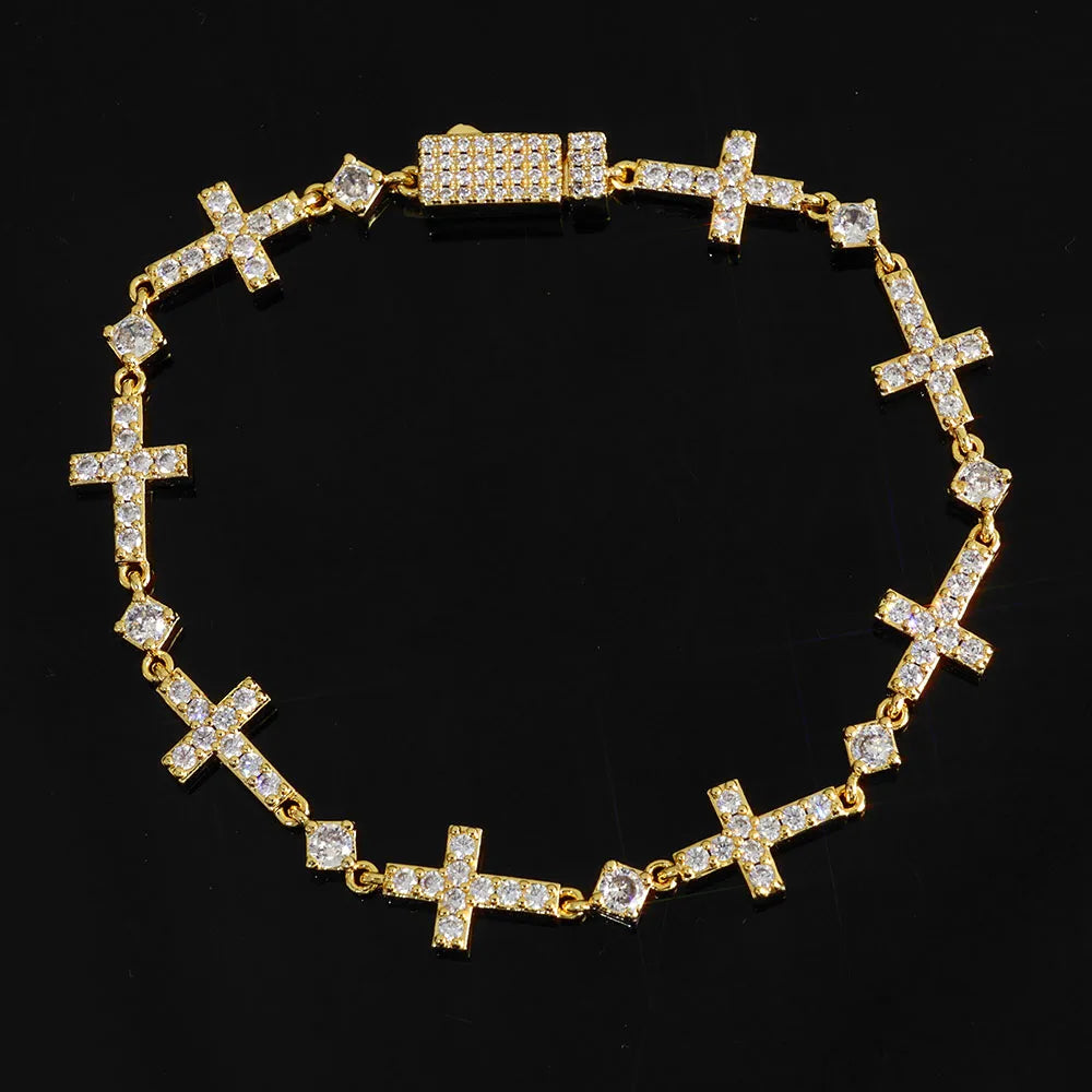 Gold Cross Iced Out Chain Bracelet 5MM