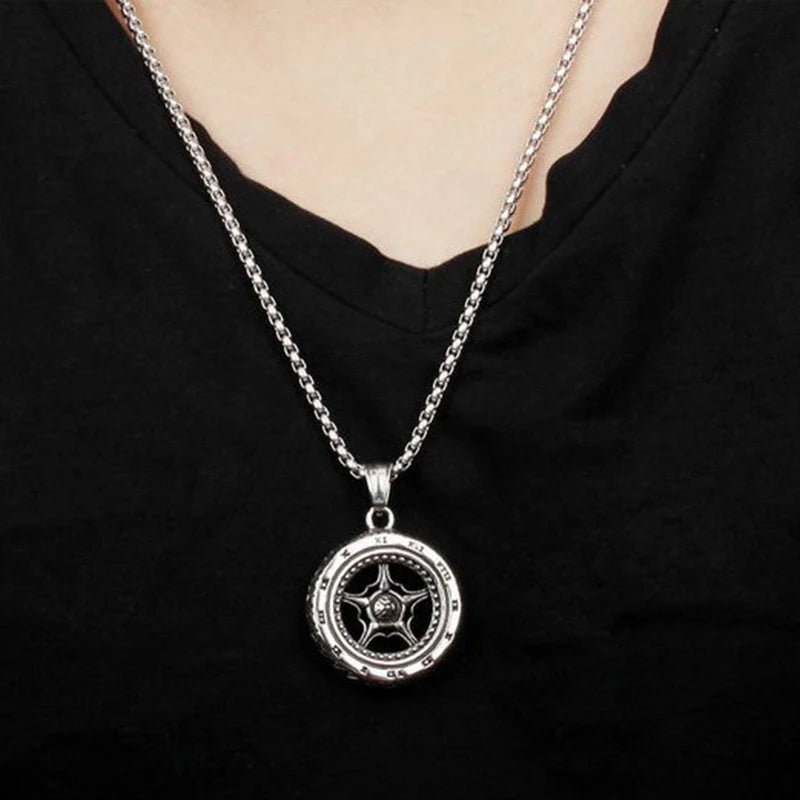 Vintage Silver Tire Pendant Necklace Stainless Steel