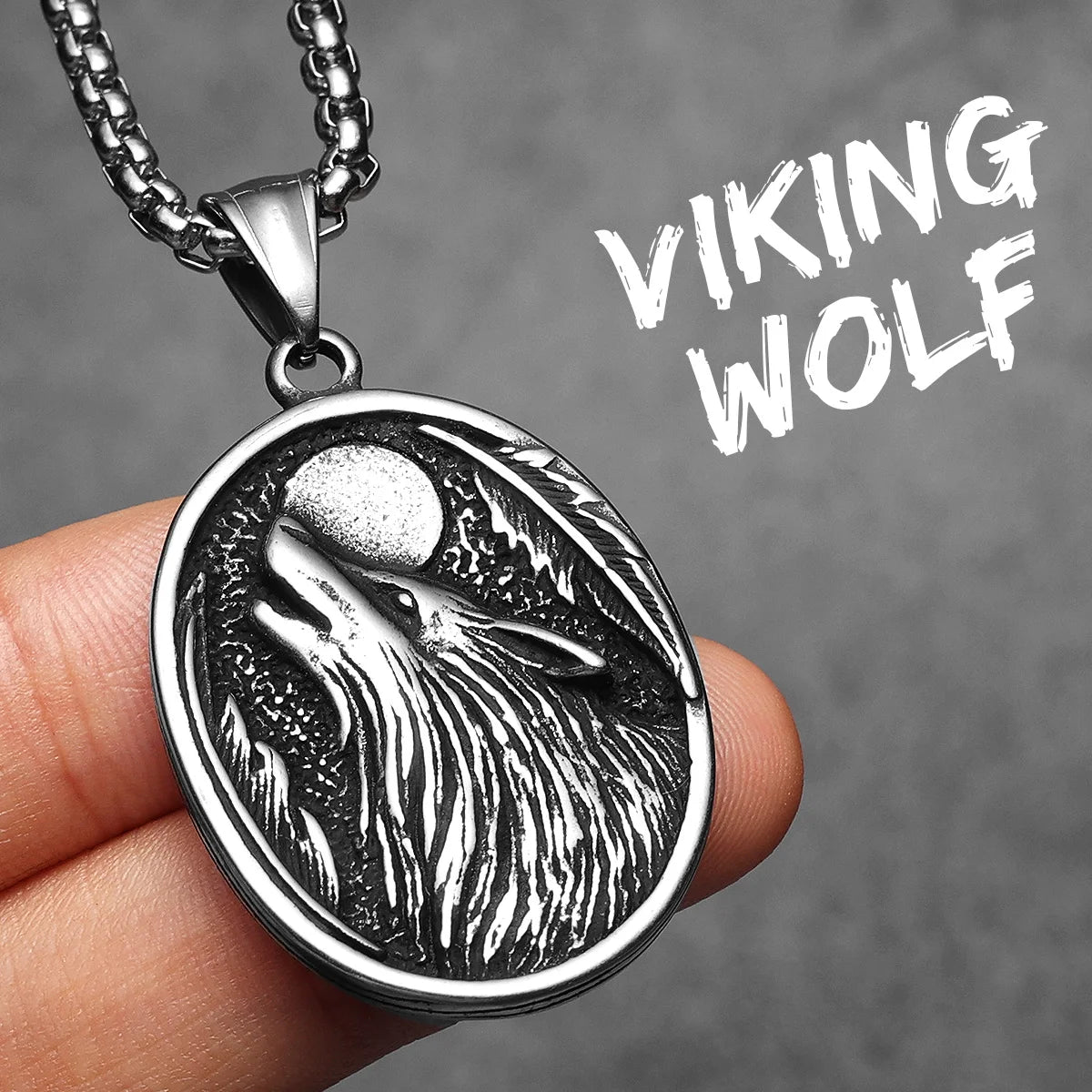 Full Moon Wolf Compass Pendant Necklace — Stainless Steel