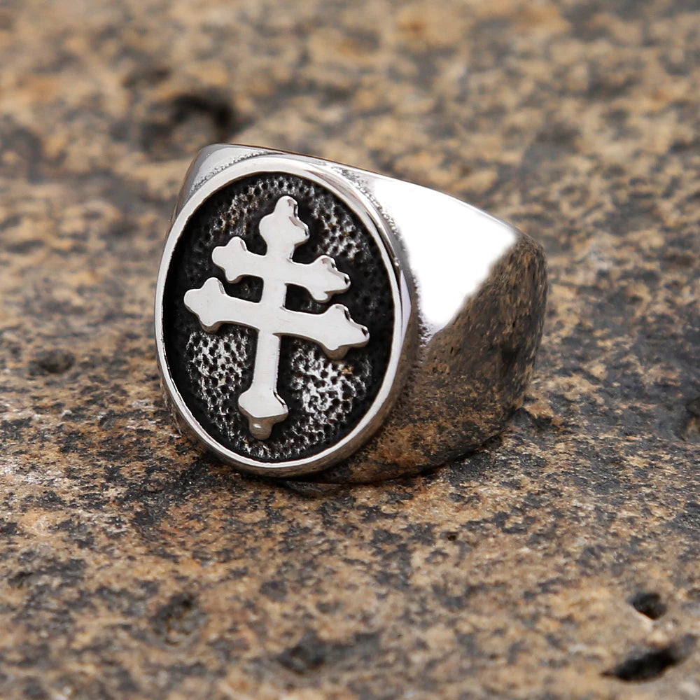 Classic Lorraine Cross Signet Ring for Men Gold/Silver Color Stainless Steel Orthodox Cross Ring Male Punk Biker Jewelry