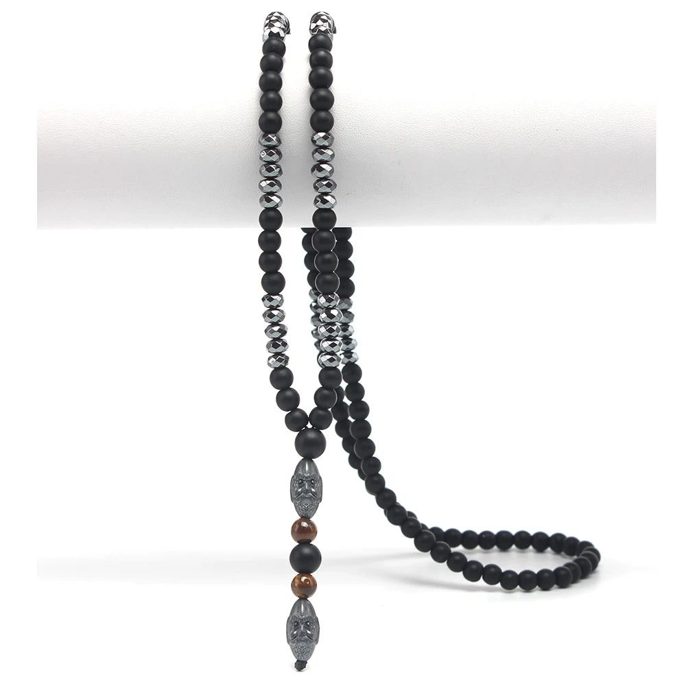 Black Obsidian Round Beads Hematite Old Man Head Pendant Y Necklace Men's Jewelry
