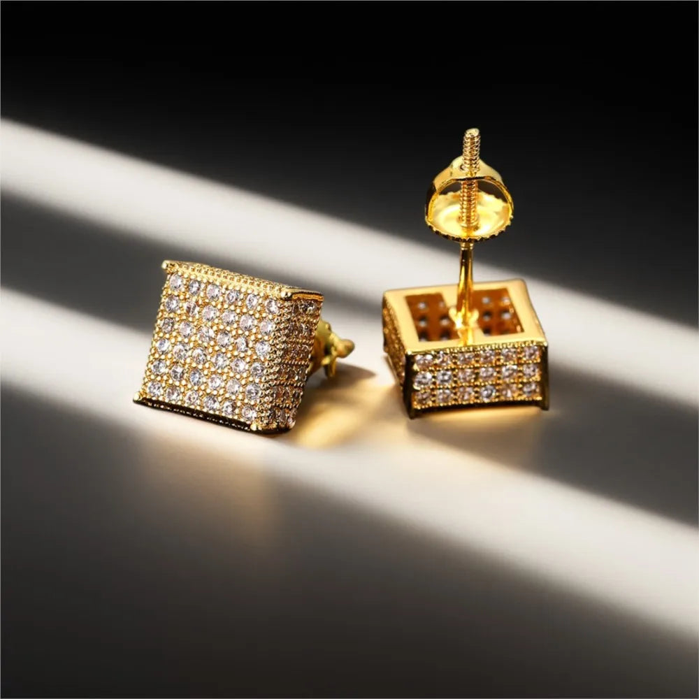 Gold Color Earrings For Men Women Punk Silver Color Square Cubic Zirconia Earings Sparkling Jewelry Gift For Male