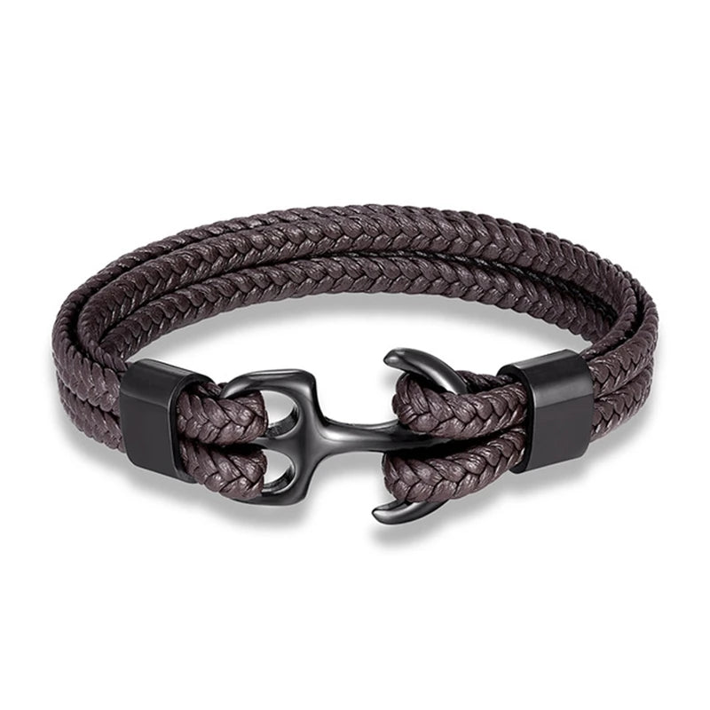 Nautical Anchor Woven Leather Bracelet — Stainless Steel Buckle