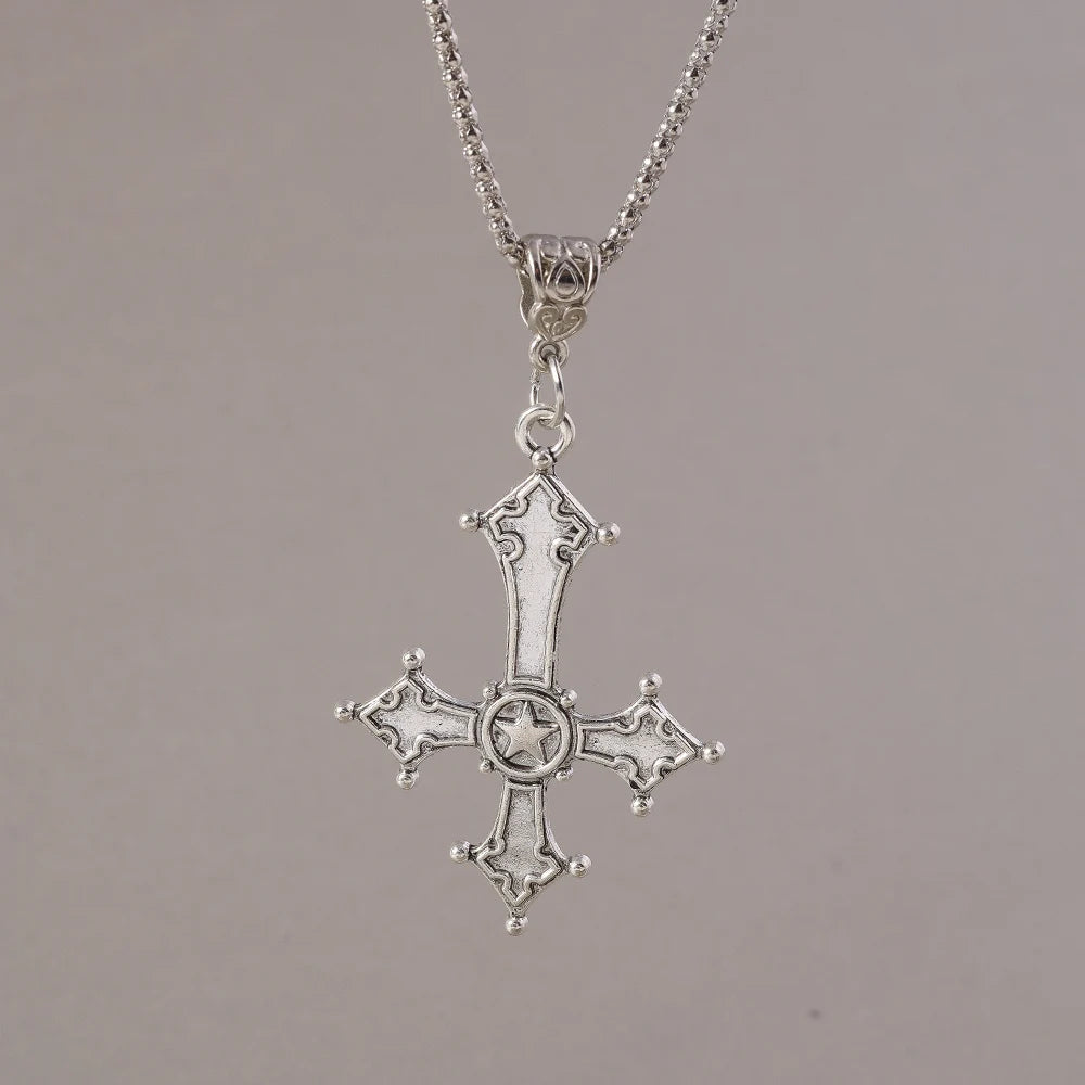 Aihua Gothic Steampunk Inverted Cross Necklace for Women Men Popcorn Chain Personality Hip Hop Punk Crucifix Necklace Jewelry