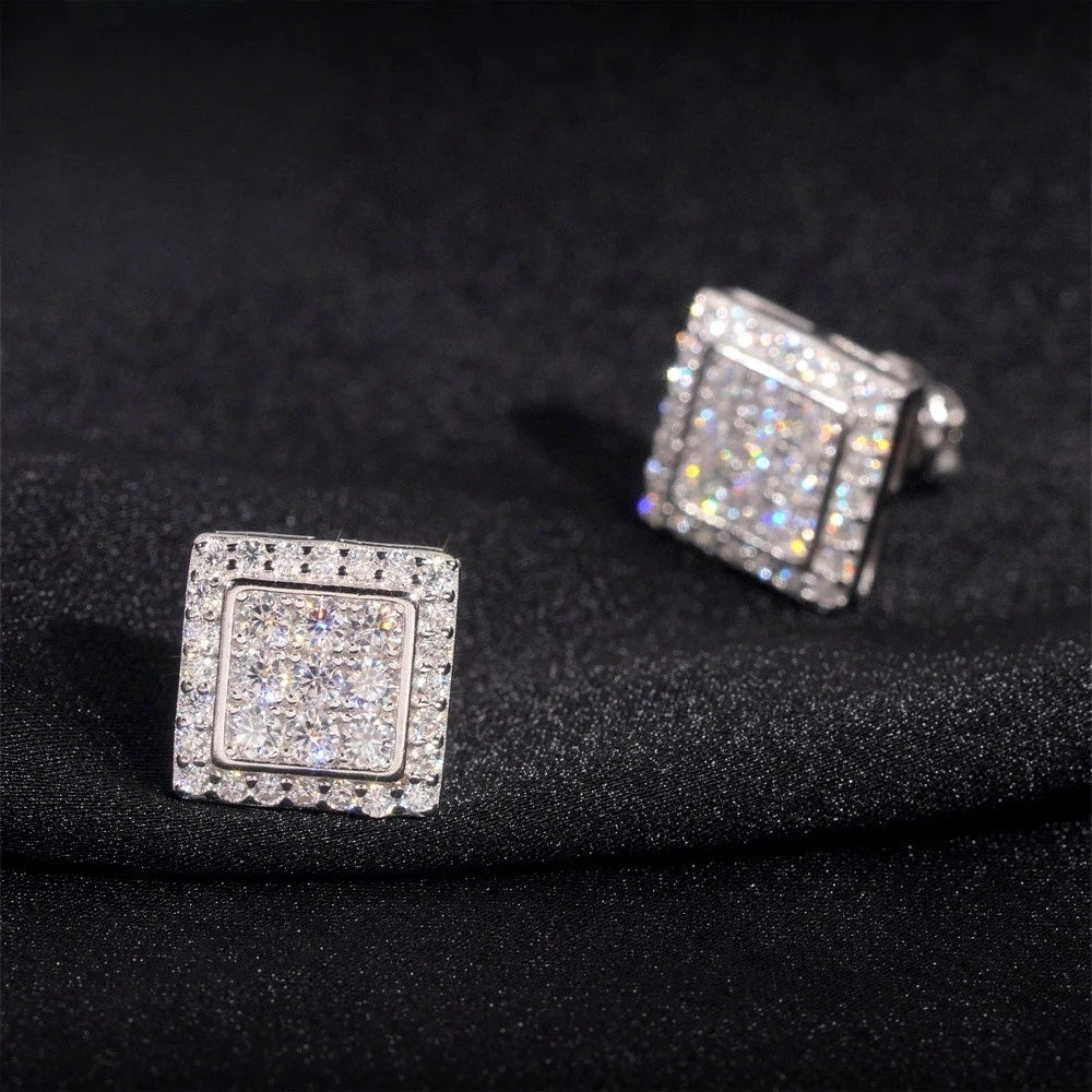 925 Sterling Silver  VVS1 D Color Moissanite  Square Stud Earrings for Men Women Screw Ear Stud Fine Jewelry Diamonds Pass Test