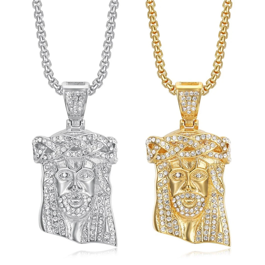 Religious Iced Out Bling Christ Jesus Head Pendant Stainless Steel Cubic Zirconia Christian Necklace for Women Men Jewelry Gift