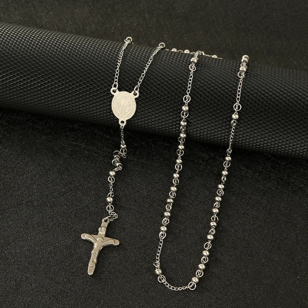 Rosary Beads Necklace Jesus Cross Pendant 4mm — Stainless Steel
