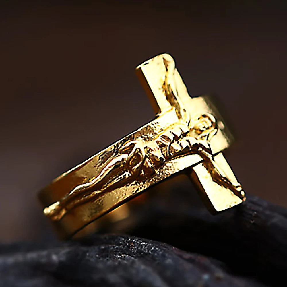Men's Vintage Stainless Steel Jesus Cross Rings Fashion Character Relief Religious Ring Creative Party Gothic Jewelry
