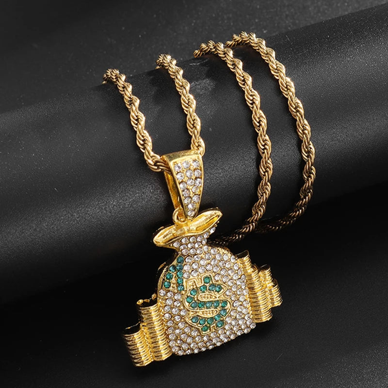 Gold Iced Out Money Bag Pendant Rope Chain