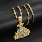 Gold Iced Out Money Bag Pendant Rope Chain