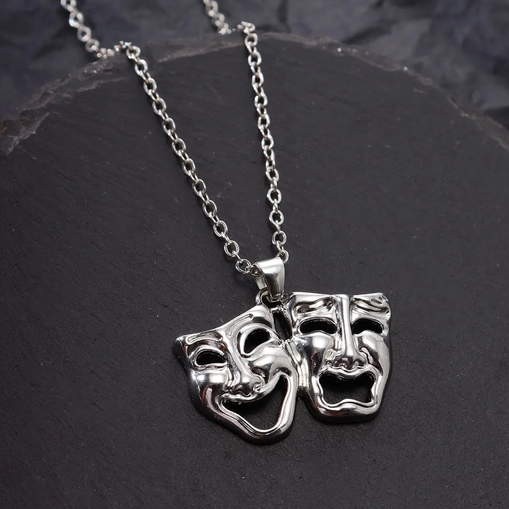 Tragedy Comedy Mask Pendant Necklace — Silver
