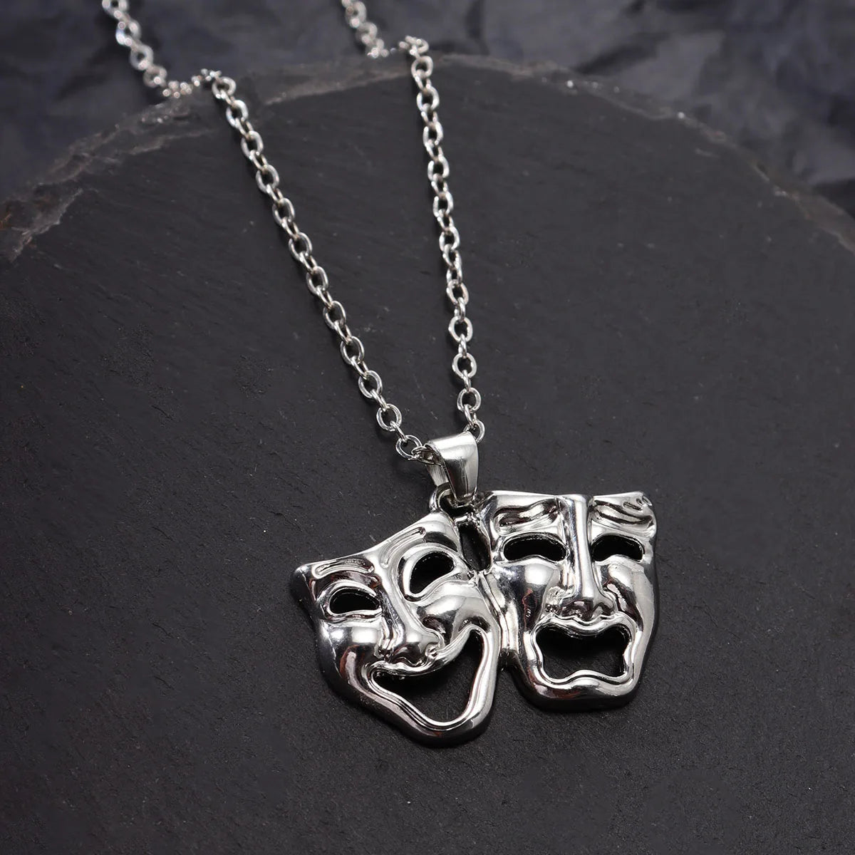 Tragedy Comedy Mask Pendant Necklace — Silver