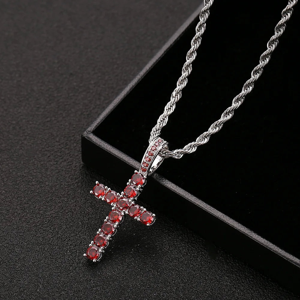 Two-Tone Iced Out Cross Pendant Red Zircon