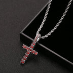 Two-Tone Iced Out Cross Pendant Red Zircon