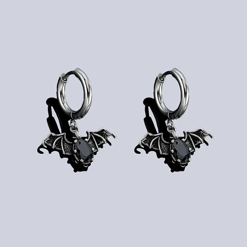 Vintage Gothic Bat Pendant Hoop Earrings for Men Women Black Oval Zircon Dangle Earring Punk Halloween Jewelry