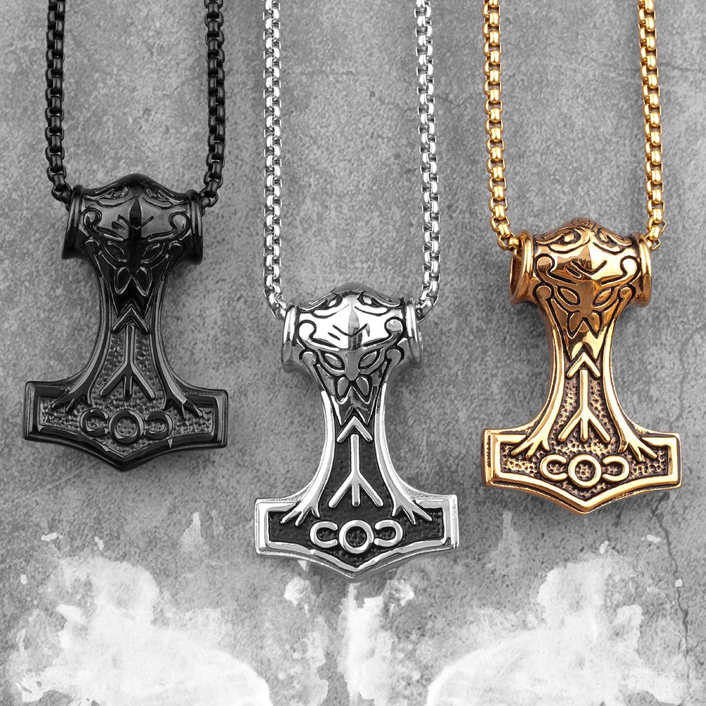 Stainless Steel Thor's Hammer Men Necklaces Pendants Chain Punk Trendy for Boyfriend Male Jewelry Creativity Gift
