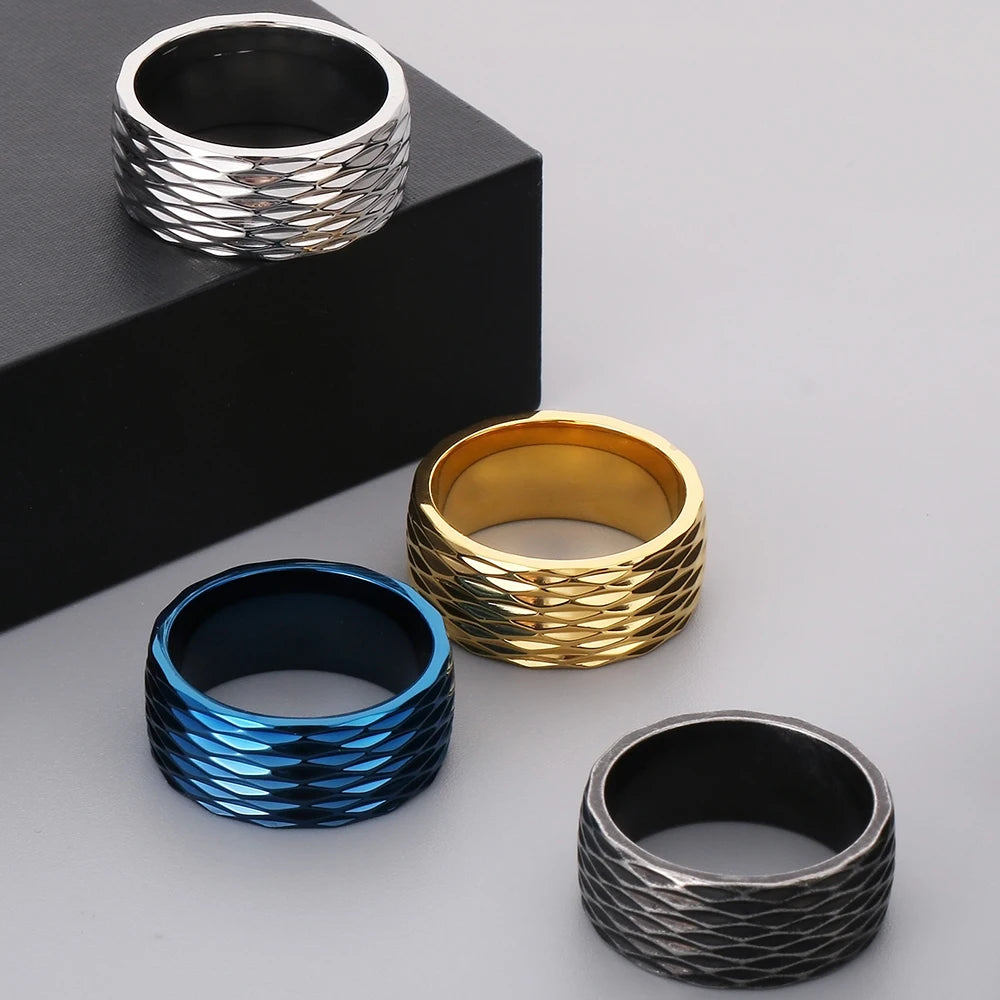 Waterproof Vacuum Plated Blue Gold Color 316l Stainless Steel Rings for Man 10mm Width Rhombus Design Mens Ring Fashion
