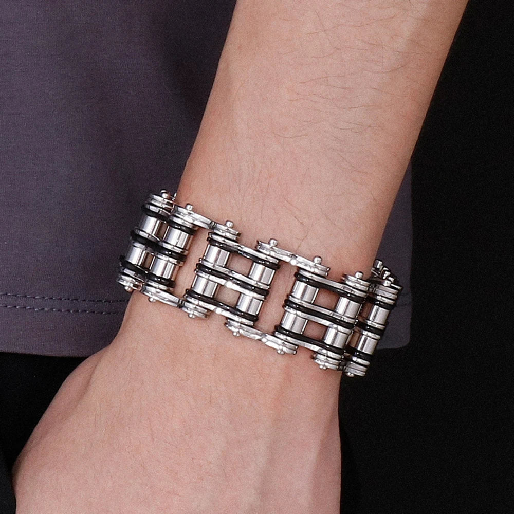 Stainless Steel Rock And Roll Rap Jewelry 24MM Width Motorcycle Chain Man Bracelet Hand Chain Accessories Wristband