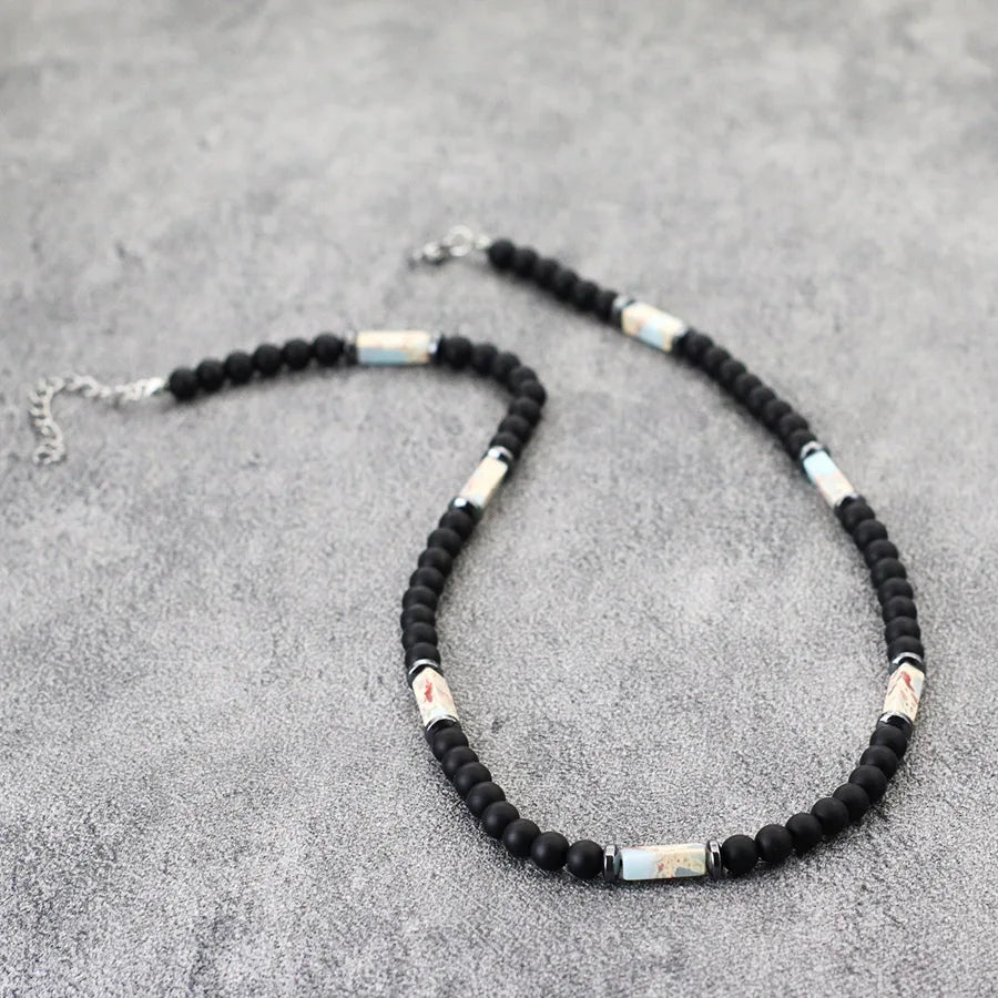 Unique Natural Stone Necklace For Men 19 Inches Short Choker Stainless Steel Buckle Square Tiger Eyes Beads Cycling Accessories