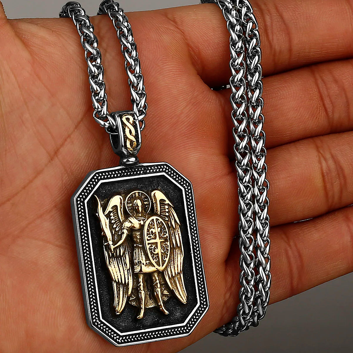 Archangel Michael Cross Shield Prayer Tag Titanium Stainless Steel Pendant Men's Amulet Necklace Jewelry Gift