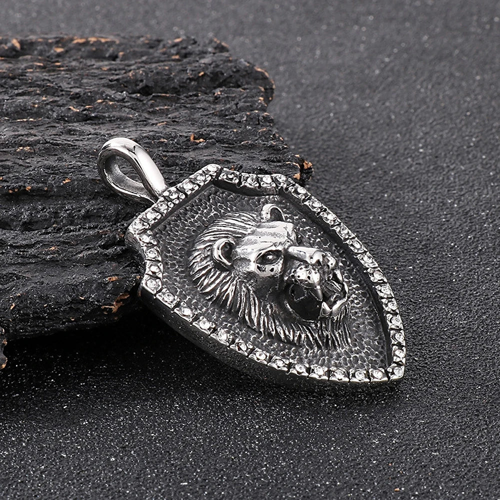 Lion Head Shield Pendant Necklace — Stainless Steel