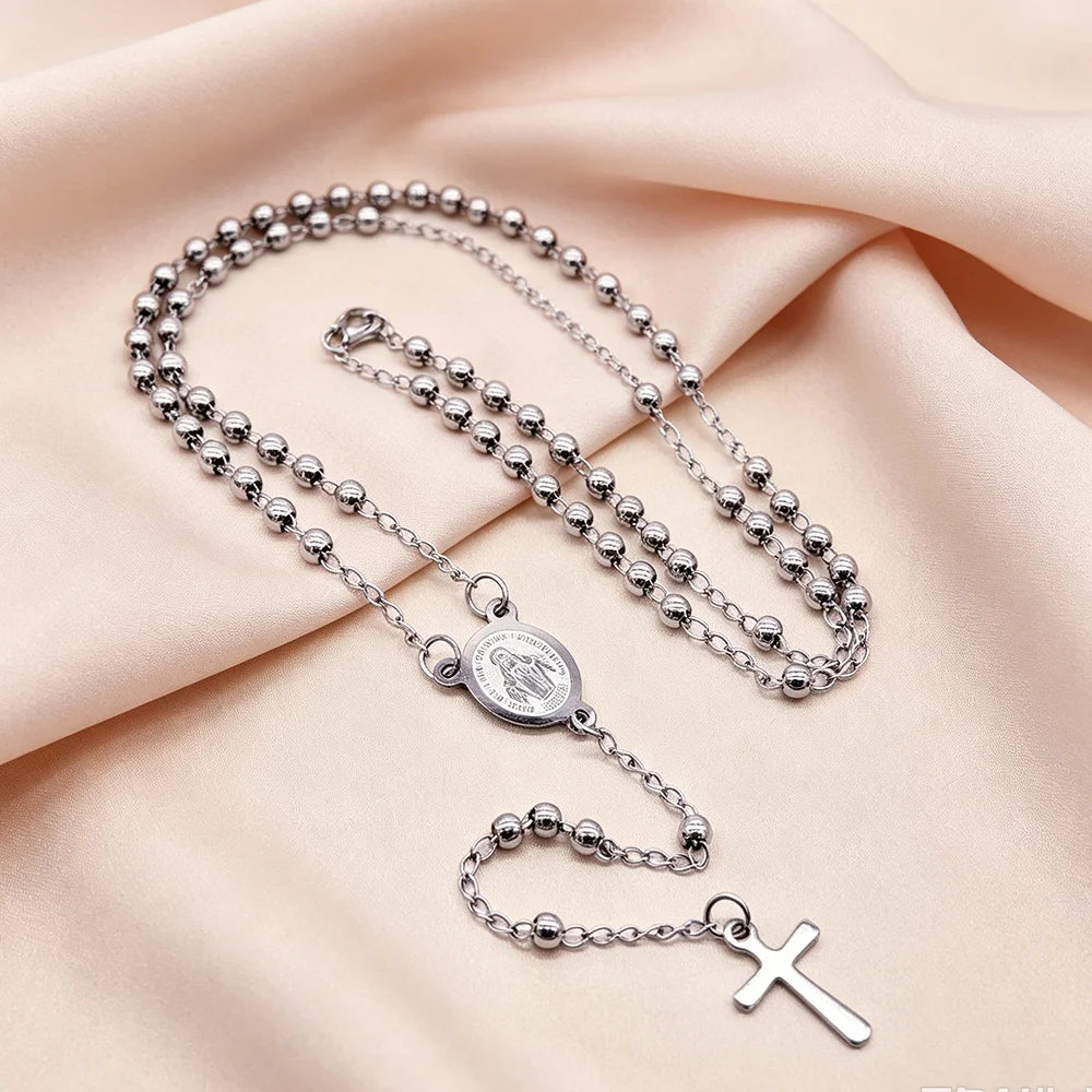 Vintage Virgin Mary Crucifix Rosary Beads Necklace