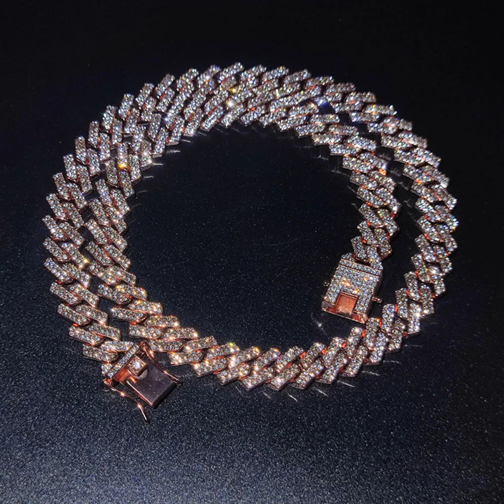 13mm Rhinestone Iced Out Square Miami Cuban Link Chain Necklaces For Men Women Rose Gold Silver Color Hip Hop Jewelry Neck Gift