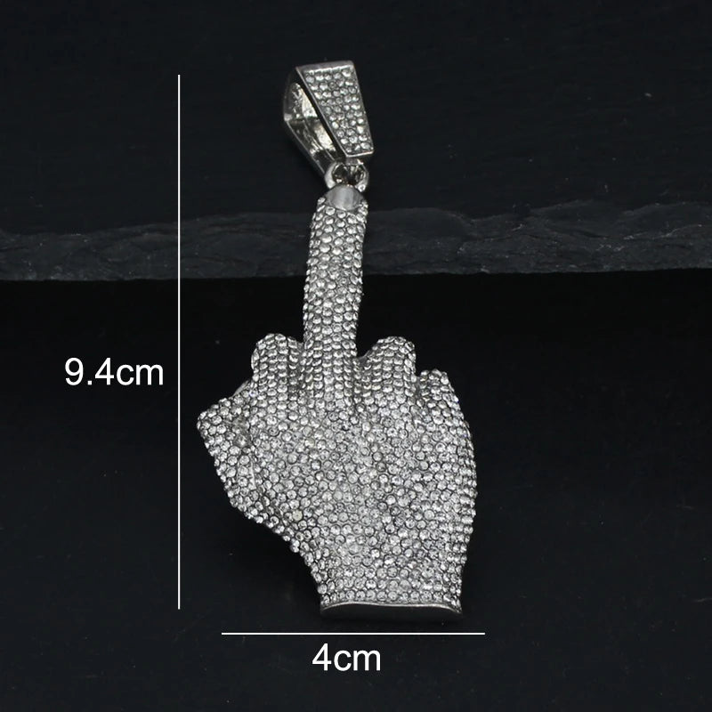 Hip Hop Big Polite Gesture Middle Finger Pendant Necklace with 11mm Crystal Cuban Chain HipHop Iced Out Necklaces Men