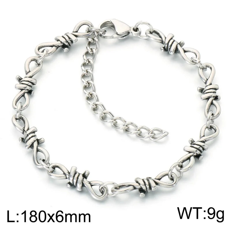 Kalen Vintage Stainless Steel Twisted Barbed Wire & Wrapped Cuban Bracelet Men‘s Adjustable Gothic Punk Women’s Wrist