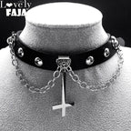 Gothic Cross Leather Choker Necklace — Stainless Steel
