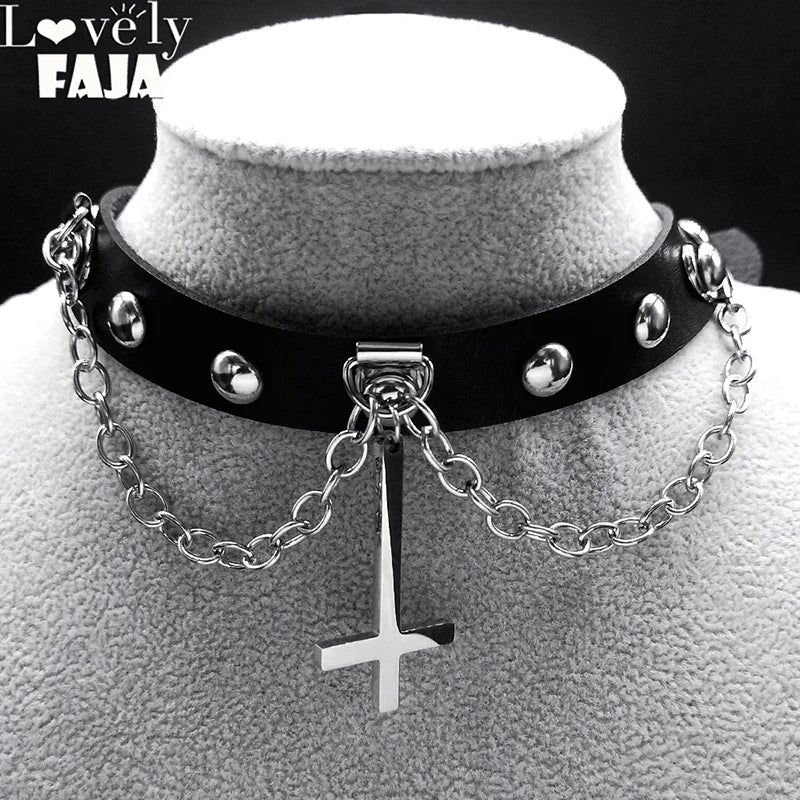 Gothic Cross Leather Choker Necklace — Stainless Steel