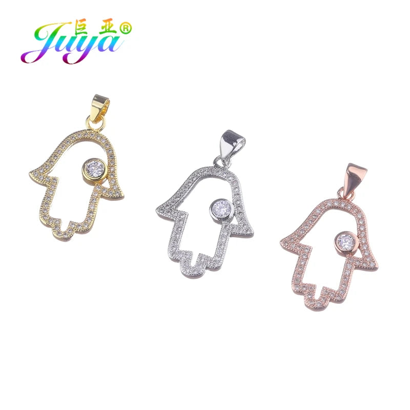 Iced Evil Eye Hamsa Pendant Necklace — Gold-Tone
