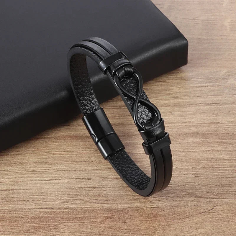 Vintage Punk Hand Woven Three Layer Leather Black Beaded Bracelet Magnetic Bracelet Clasp Men\\'s Charm Business Event Jewelry