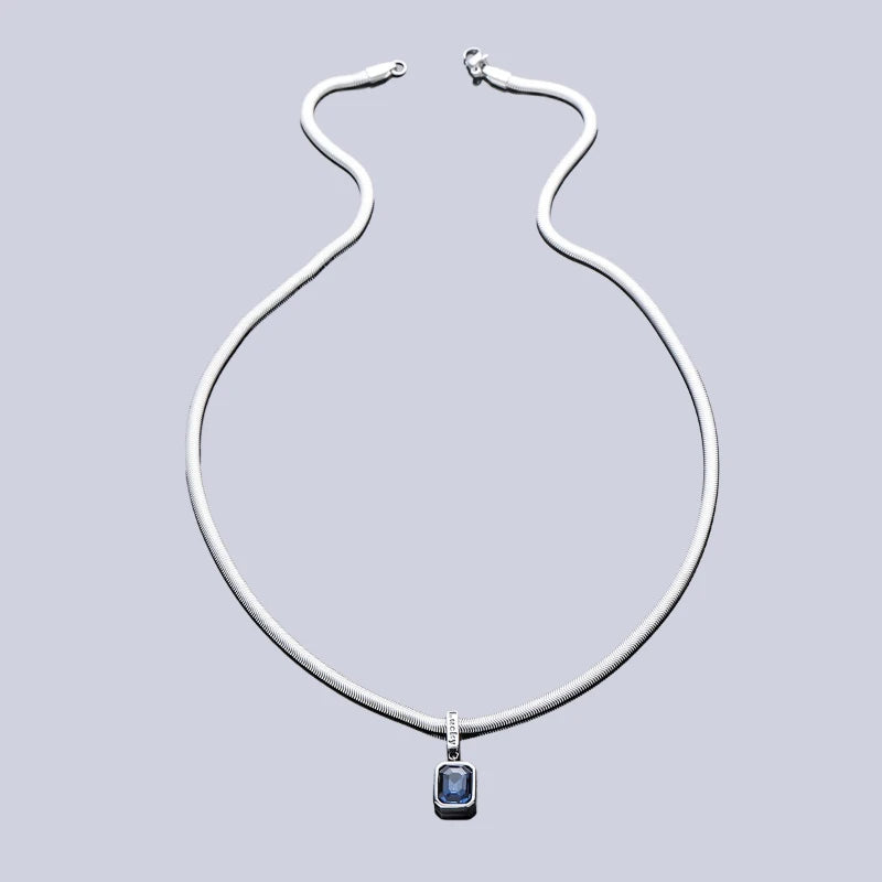 Blue Crystals Geometric Pendants Snake Bone Chain Titanium Steel Men Personality High-end Versatile Necklaces Fashion Jewelry