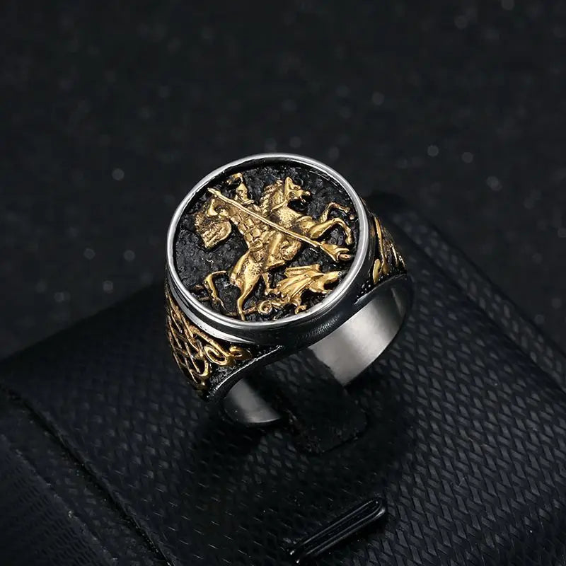 Men's Stainless Steel Vacuum Gold-Plated Saint George Dragon Slayer Knight Ring - Classic Armor Design
