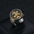 Men's Stainless Steel Vacuum Gold-Plated Saint George Dragon Slayer Knight Ring - Classic Armor Design