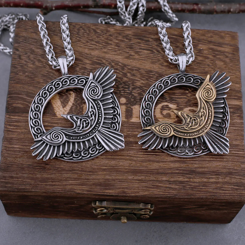 Stainless Steel Viking Odin Raven Necklace Men Vintage Huginn Muninn Celtic Knot Fashion Amulet Pendant Jewelry Gifts